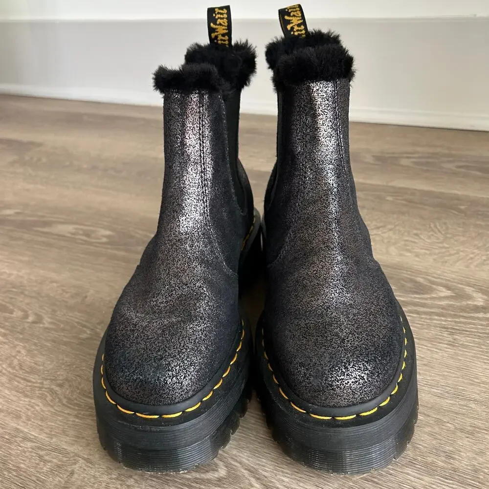 Dr Martens 2976 Quad Faux Fur Platform Chelsea Boot Black Metallic US 9 EU 41